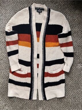 Express Women's Cream Open-Front Striped Cardigan Sweater